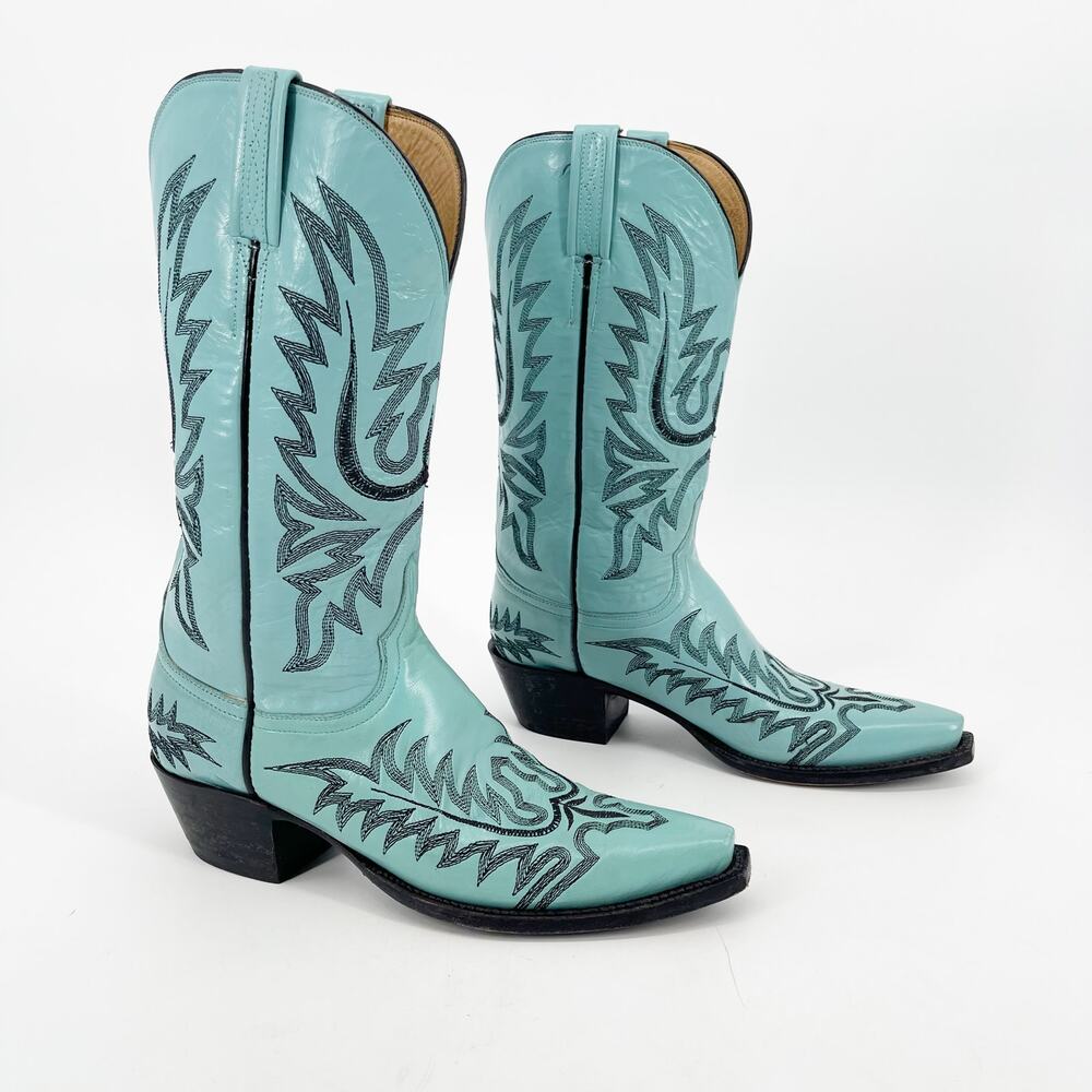 Lucchese Teal Cowboy Heeled Boots with Black Stitching